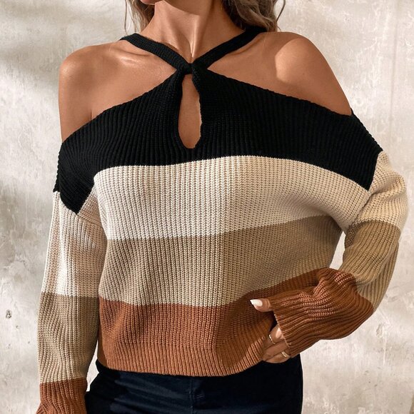 Multicolor Casual Women's Off Shoulder Striped Turtleneck Sweater - Picture 6 of 7